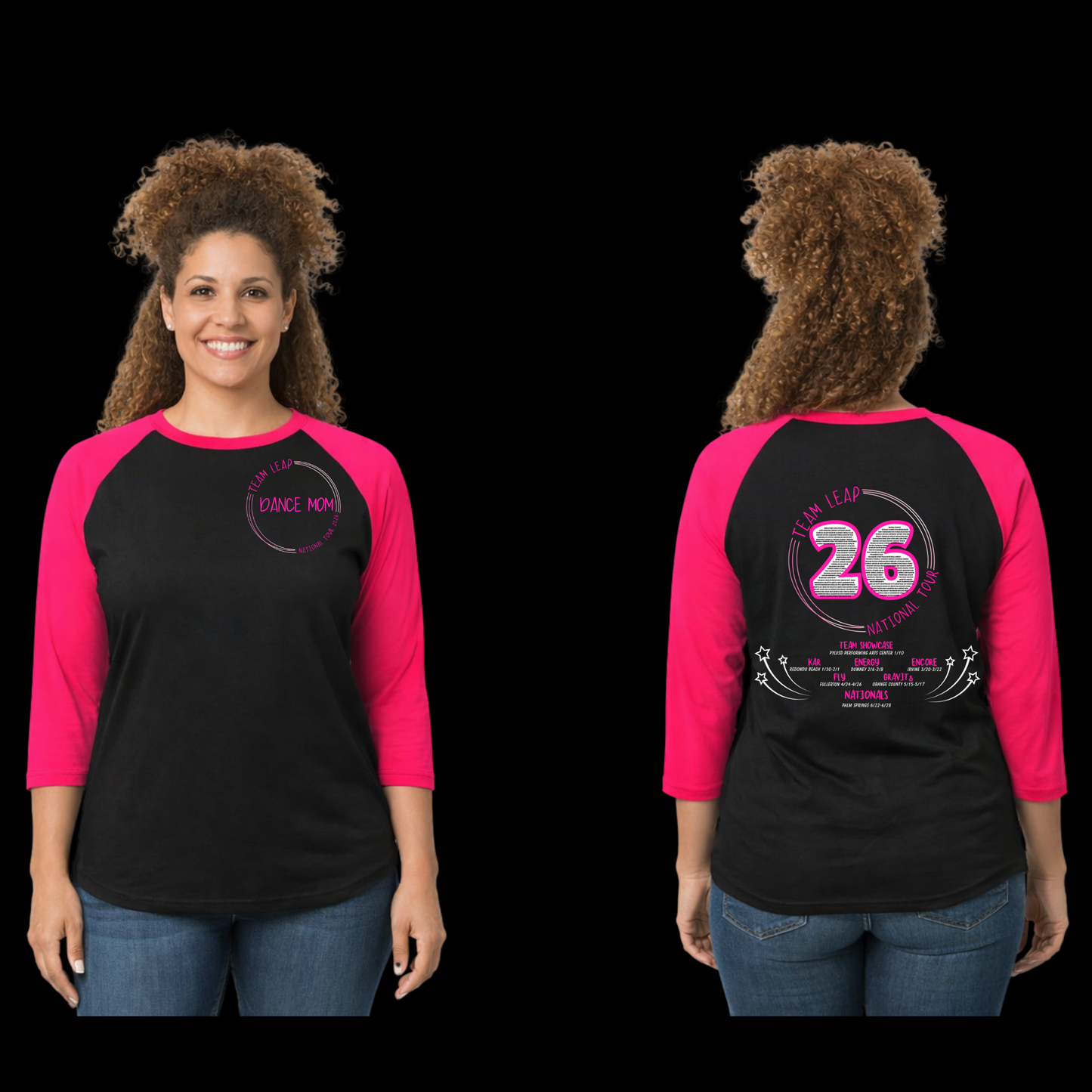 Adult T-Shirt 3/4 Sleeve Pink and Black
